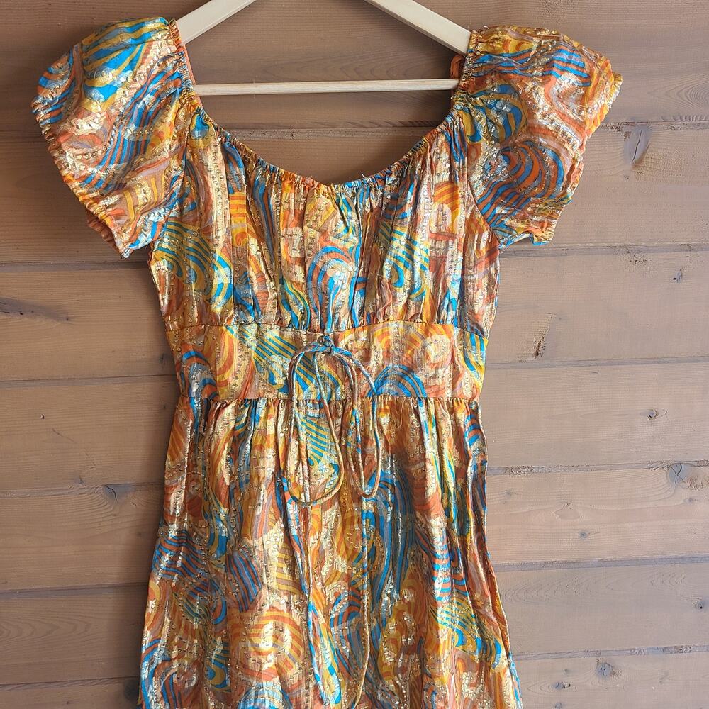 Vintage 70's Handmade Dress Peasant Metallic Psychedelic Empire Puff Sleeve Boho - Picture 3 of 7
